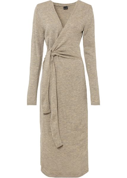Sukienka dzianinowa midi. Szare sukienki bonprix, bez wzorów, z dzianiny, bez kołnierzyka, bez ramiączek, midi, kopertowe. Za 129.99 zł.