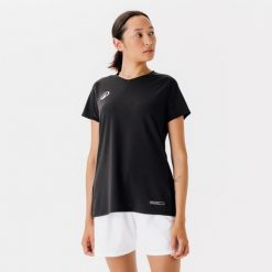 Koszulka do piłki nożnej damska Kipsta Viralto. Czarne bluzki KIPSTA, m, bez wzorów, z materiału, sportowe, bez kołnierzyka, bez ramiączek. Za 54.99 zł.