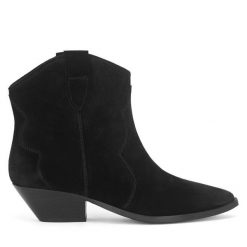 Kowbojki Badura. Czarne botki Badura, bez wzorów, bez obcasa, na słupku, bez zapięcia. Za 239.99 zł.
