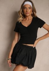 Czarny Bawełniany T-shirt z Prążkowanej Tkaniny z Dekoltem w Szpic Filaretta. Czarne t-shirty Renee, l, bez wzorów, z bawełny, bez kołnierzyka, bez ramiączek. Za 39.99 zł.
