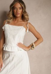 Biała Bluzka z Bawełny z Falbanką Haftami i Frędzlami Milunissa. Białe bluzki Renee, l, bez wzorów, z bawełny, boho, bez kołnierzyka, bez ramiączek. W wyprzedaży za 69.99 zł.