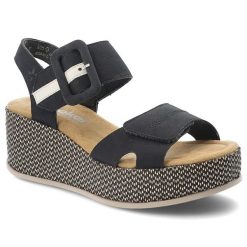 Sandały damskie Rieker, cholewka ze skóry ekologicznej zapiane na rzep fason na koturnie, granatowe, 69450-14. Niebieskie sandały Rieker, bez wzorów, ze skóry ekologicznej, bez obcasa, na koturnie, bez zapięcia. Za 349.00 zł.