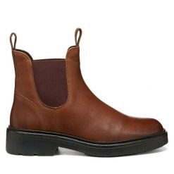 Sztyblety Geox. Brązowe botki Geox, bez wzorów, bez obcasa, na płaskiej podeszwie, bez zapięcia. Za 499.99 zł.