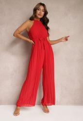Czerwony Kombinezon z Dekoltem Typu Halter i Gumką w Talii Zolefia. Czerwone sukienki Renee, bez wzorów, eleganckie, bez kołnierzyka, bez ramiączek. Za 69.99 zł.