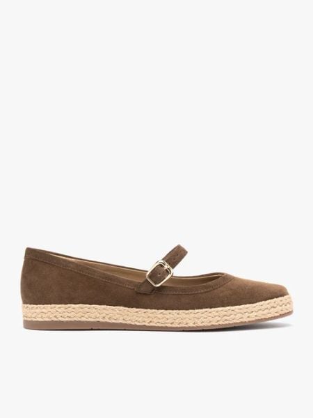 Brązowe welurowe espadryle z paskiem. Brązowe espadryle Ryłko, bez wzorów, z gumy, bez obcasa, bez zapięcia. Za 399.99 zł.