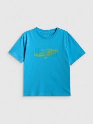 4F T-shirt boxy z nadrukiem damski - niebieski XS. Niebieskie t-shirty 4f, xs, bez wzorów, z bawełny, bez kołnierzyka, bez ramiączek. Za 69.99 zł.