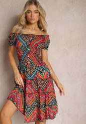 Czerwona Elastyczna Sukienka Boho z Hiszpańskim Dekoltem z Bawełny Solphina. Czerwone sukienki Renee, m, bez wzorów, z bawełny, boho, bez kołnierzyka, bez ramiączek. Za 44.99 zł.