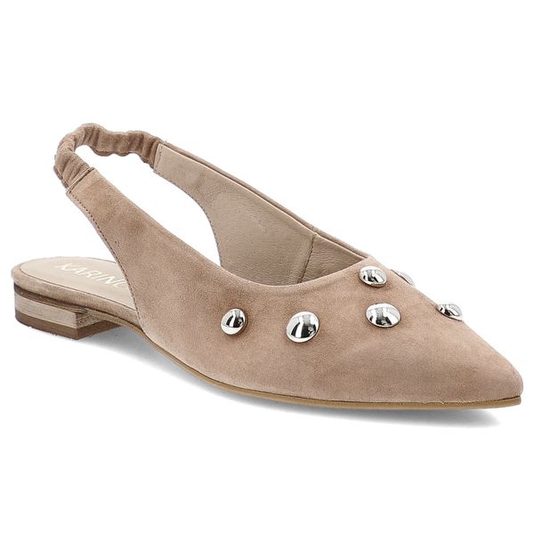 Sandały damskie Karino, skórzane na płaskim obcasie wsuwane z noskiem w szpic z ozdobami, beżowe, 5589-022-P-C. Brązowe sandały Karino, bez wzorów, biznesowe, ze szpiczastym noskiem, bez obcasa, na obcasie, bez zapięcia. Za 419.00 zł.