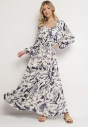 Niebieska Wiskozowa Sukienka w Abstrakcyjny Print z Gumką w Talii i Dekoltem w Serek Arpio. Niebieskie sukienki Born2be, na co dzień, l, bez wzorów, z jeansu, eleganckie, bez kołnierzyka, bez ramiączek, maxi, rozkloszowane. W wyprzedaży za 135.99 zł.