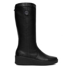 Kozaki Rieker. Czarne kozaki Rieker, bez obcasa, na koturnie, bez zapięcia. Za 429.99 zł.