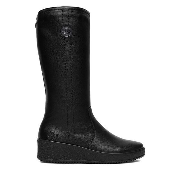 Kozaki Rieker. Czarne kozaki Rieker, bez obcasa, na koturnie, bez zapięcia. Za 429.99 zł.