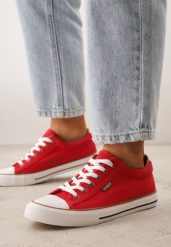 Czerwone Klasyczne Trampki do Kostki z Lamówką przy Podeszwie Kasiope. Czerwone trampki Born2be, bez wzorów, z jeansu, bez zapięcia. Za 59.99 zł.