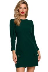 Elegancka sukienka trapezowa z bufiastymi rękawami butelkowa zieleń. Zielone sukienki Makover, na imprezę, s, bez wzorów, eleganckie, bez kołnierzyka, bez ramiączek, trapezowe. Za 259.00 zł.
