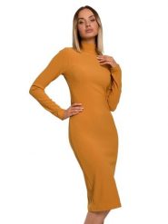 Made of emotion Sukienka w kolorze musztardowym rozmiar: M. Brązowe sukienki Made Of Emotion, m, bez wzorów, prążkowane, bez kołnierzyka, bez ramiączek, maxi. Za 96.14 zł.