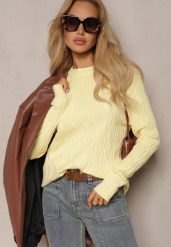 Żółty Sweter z Wiskozą Ozdobiony Tłoczeniem Savra. Żółte swetry Renee, s, bez wzorów, z jeansu, bez ramiączek. Za 64.99 zł.
