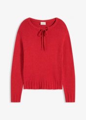 Gruby sweter z wiązaniem przy dekolcie. Czarne swetry bonprix, bez wzorów, bez ramiączek. Za 107.99 zł.
