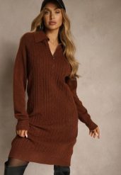 Brązowa Sweterkowa Sukienka z Bawełną i Wełną Ozdobiona Suwakiem Reinda. Brązowe sukienki Renee, na co dzień, l, bez wzorów, z bawełny, bez kołnierzyka, bez ramiączek, midi, oversize. Za 89.99 zł.