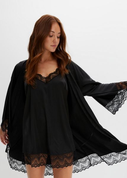 Szlafrok kimono + koszulka nocna (kompl. 2-częściowy). Czarne szlafroki bonprix, bez wzorów, z koronki, bez ramiączek, bez kaptura. Za 169.99 zł.