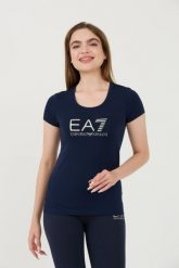 EA7 Granatowy damski t-shirt ze srebrnym logo, Rozmiar M. Niebieskie t-shirty EA7 Emporio Armani, m, bez wzorów, bez kołnierzyka, bez ramiączek. W wyprzedaży za 209.99 zł.