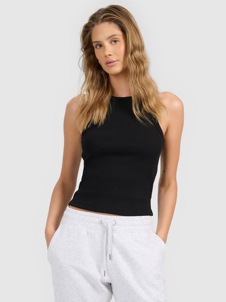 4F Top slim z prążkowanej dzianiny damski - czarny L. Czarne topy 4f, l, bez wzorów, z dzianiny, bez kołnierzyka, bez ramiączek. Za 49.99 zł.