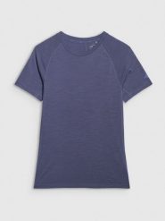 4F Koszulka trekkingowa z wełną merino damska - granatowa M. Niebieskie bluzki 4f, m, bez wzorów, z wełny, bez kołnierzyka, bez ramiączek. Za 199.99 zł.