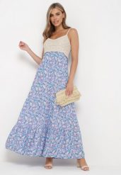 Niebieska Rozkloszowana Sukienka Maxi z Wiskozy w Kwiatowy Print i z Szydełkowym Wzorem Adviana. Niebieskie sukienki Born2be, m, bez wzorów, z wiskozy, bez kołnierzyka, bez ramiączek, maxi, rozkloszowane. Za 54.99 zł.