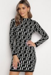 Czarno-Biała Sukienka Mini ze Sweterkowego Materiału w Geometryczny Wzór Lenikes. Czarne sukienki Born2be, bez wzorów, z bawełny, bez kołnierzyka, bez ramiączek, mini. Za 84.99 zł.