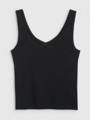 4F Top slim z prążkowanej dzianiny damski - czarny M. Czarne topy 4f, l, bez wzorów, z bawełny, bez kołnierzyka, bez ramiączek. Za 49.99 zł.