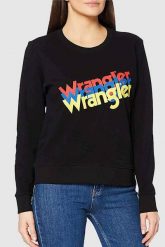 DAMSKA BLUZA MATERIAŁOWA WRANGLER CREW SWEAT BLACK W6Z2HA100 112130860. Czarne bluzy Wrangler, s, bez wzorów, z materiału, bez kaptura. Za 149.99 zł.