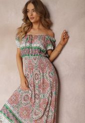 Zielono-Różowa Sukienka Maxi Hiszpanka z Gumkami w Pasie i Ozdobnym Wiązaniem z Bawełny Giannis. Zielone sukienki Renee, na imprezę, na lato, l, bez wzorów, z bawełny, bez kołnierzyka, bez ramiączek, maxi. Za 54.99 zł.