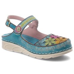 Sandały damskie Laura Vita, cholewka ze skóry naturalnej zapinane na rzep kwiatowy wzór, turkusowe, Dorry 32 AJ1819-B12. Niebieskie sandały Laura Vita, bez wzorów, ze skóry, bez obcasa, bez zapięcia. Za 309.00 zł.