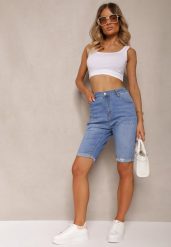 Niebieskie Szorty Jeansowe Przylegające o Długości do Kolan Namsina. Niebieskie szorty Renee, bez wzorów, z jeansu, eleganckie. Za 74.99 zł.