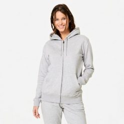 Bluza na zamek damska Domyos fitness. Szare bluzy DOMYOS, m, bez wzorów, z bawełny, z kapturem. Za 119.99 zł.