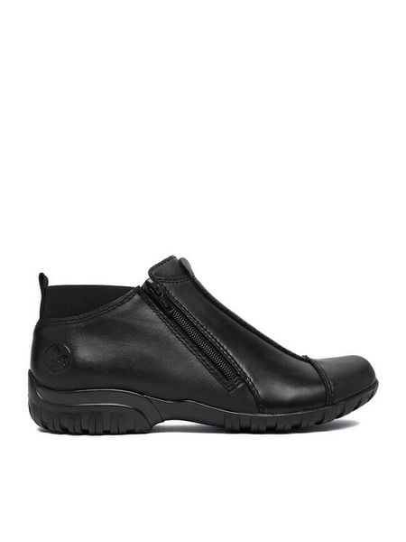 Rieker Botki CEO-L4653-00 Czarny. Czarne botki Rieker, bez wzorów, ze skóry, bez obcasa, na płaskiej podeszwie, bez zapięcia. Za 379.99 zł.