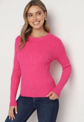 Ciemnoróżowy Sweter z Wiskozą Ozdobiony Tłoczeniem Savinia. Czerwone swetry Born2be, bez wzorów, z jeansu, bez ramiączek. Za 69.99 zł.