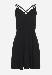 Czarna Rozkloszowana Sukienka z Ozdobnymi Paskami Redaina. Czarne sukienki Born2be, l, bez wzorów, eleganckie, bez kołnierzyka, bez ramiączek, mini, rozkloszowane. Za 69.99 zł.