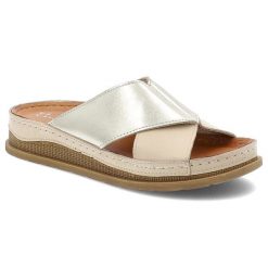 Klapki damskie Maciejka, na platformie skórzane eleganckie bardzo wygodne, beżowo-złote, L4986-37-00-0. Brązowe klapki Maciejka, bez wzorów, bez obcasa, na platformie. Za 209.00 zł.