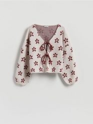 Wzorzysty kardigan z wiązaniami - wielobarwny. Kardigany Reserved, l, bez wzorów, z dzianiny. Za 139.99 zł.