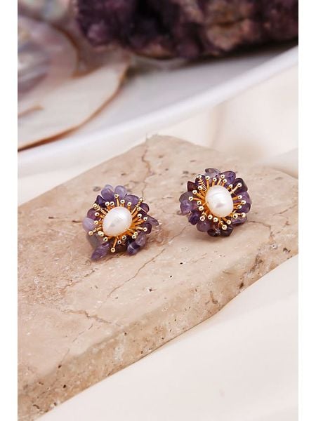 Pierres delicates Kolczyki-wkrętki w kolorze białym z perłami i ametystami rozmiar: onesize. Różowe kolczyki Pierres delicates, z ametystem, z mosiądzu. Za 96.37 zł.