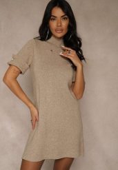 Beżowa Sukienka Sweterkowa o Trapezowym Kroju z Perełkami Liatusea. Brązowe sukienki Renee, na co dzień, l, bez wzorów, z dzianiny, bez kołnierzyka, bez ramiączek, trapezowe. Za 89.99 zł.