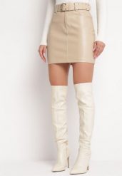 Beżowa Spódnica Dopasowana Mini z Paskiem i Klamrą Jessieles. Brązowe spódnice Born2be, l, bez wzorów, mini, dopasowane. Za 119.99 zł.