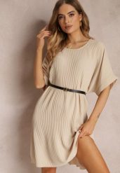 Beżowa Sukienka Mini Plisowana z Paskiem z Imitacji Skóry Dasima. Brązowe sukienki Renee, na lato, bez wzorów, ze skóry, bez kołnierzyka, bez ramiączek, mini. Za 59.99 zł.
