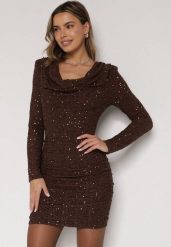 Brązowa Dopasowana Sukienka Wieczorowa z Lejącym Dekoltem i Cekinami Siwedea. Brązowe sukienki Born2be, na imprezę, l, z aplikacjami, z poliesteru, eleganckie, bez kołnierzyka, bez ramiączek, dopasowane. Za 189.99 zł.