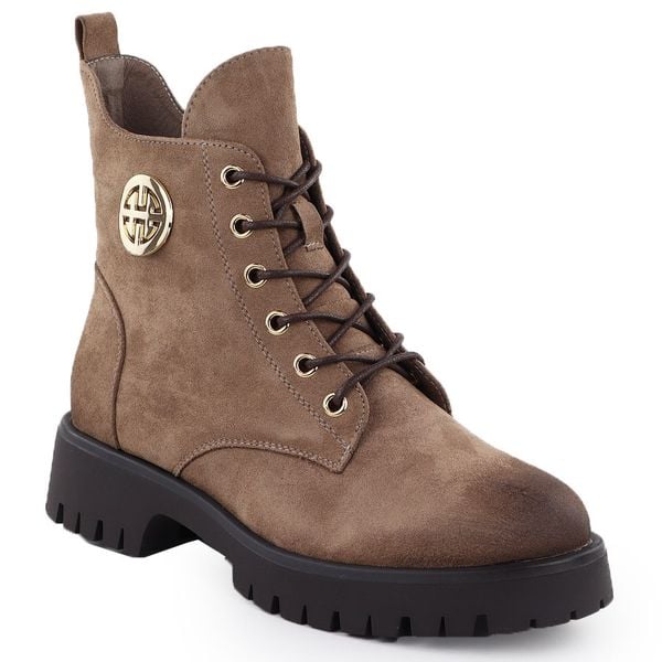 Botki zamszowe ocieplane damskie beżowe Potocki Z25-SZ12672. Brązowe botki POTOCKI, bez wzorów, ze skóry ekologicznej, bez obcasa, bez zapięcia. Za 199.99 zł.