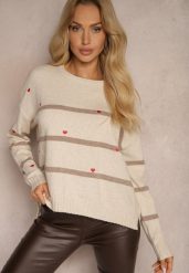 Beżowy Sweter w Paski Ozdobiony Haftowanymi Sercami Nerissea. Brązowe swetry Renee, bez wzorów, bez ramiączek. W wyprzedaży za 62.99 zł.
