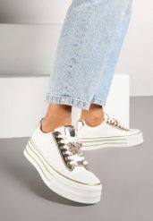 Biało-Złote Trampki na Grubej Podeszwie Zdobione Aplikacją z Motylem Hanathra. Białe trampki Born2be, z aplikacjami, z jeansu, bez zapięcia. Za 44.99 zł.