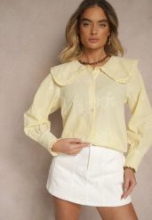 Żółta Koszula z Bawełną Ozdobiona Kołnierzykiem Natulissa. Żółte koszule Renee, l, bez wzorów, z bawełny, eleganckie, bez kołnierzyka, bez ramiączek. Za 84.99 zł.