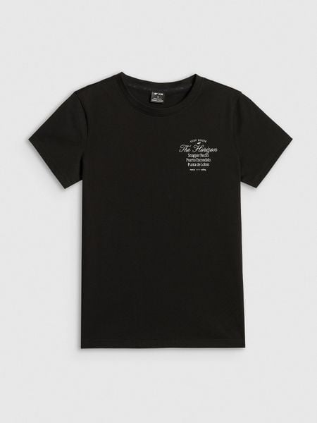 4F T-shirt regular z nadrukiem damski - czarny M. Czarne t-shirty 4f, m, bez wzorów, z bawełny, bez kołnierzyka, bez ramiączek. W wyprzedaży za 39.99 zł.