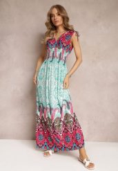 Miętowo-Fuksjowa Sukienka Maxi w Stylu Boho z Gumką w Pasie Bernette. Zielone sukienki Renee, l, bez wzorów, boho, bez kołnierzyka, bez ramiączek, maxi. Za 59.99 zł.