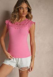 Różowy Bawełniany Top z Koronkowymi Wstawkami Lirumina. Czerwone topy Renee, m, bez wzorów, z bawełny, bez kołnierzyka, bez ramiączek. Za 39.99 zł.